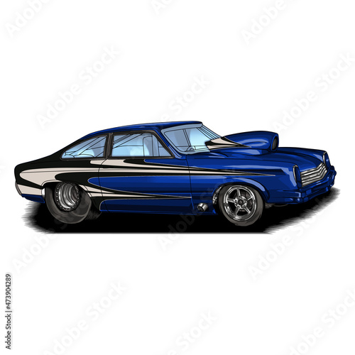 Racing speed car isolated on white background, t-shirt graphics, vectors.