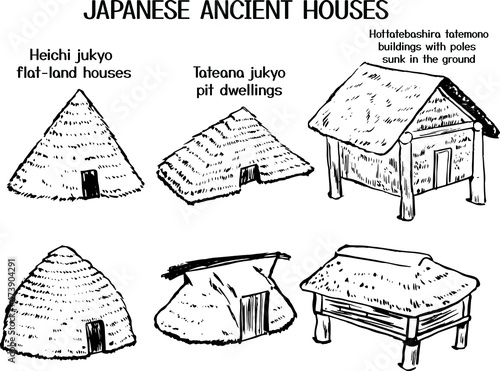 Ancient Japanese house: flatland, pit dwellings, buildings with poles. Historical cultural structures sketches. Ink sketchy vector drawings. Japan ancient homes ink illustration.  photo