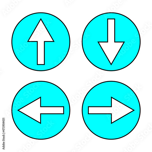 Four arrow sign. Blue circle. Different direction. White elements. App symbol. Vector illustration. Stock image