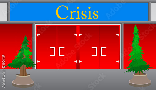 Crisis text with front door background. Bar, Cafe or drink establishment front with poster.