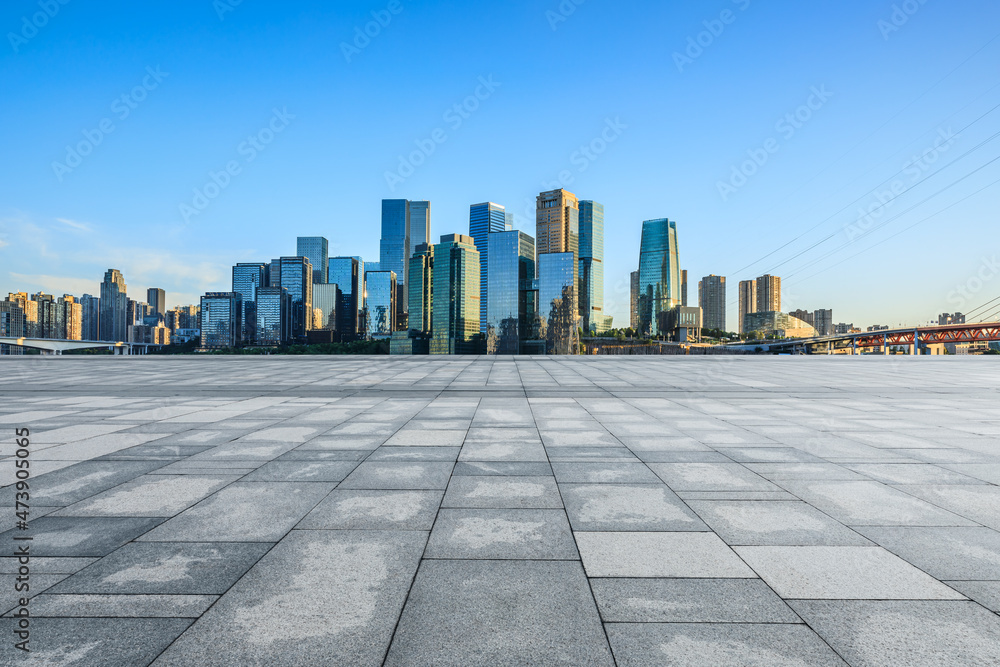 Panoramic skyline and modern commercial office buildings with empty road. empty square floors and cityscape.