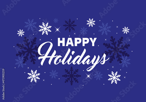 Happy Holidays greetings card. Vector christmas background and white and blue snowflakes frame.