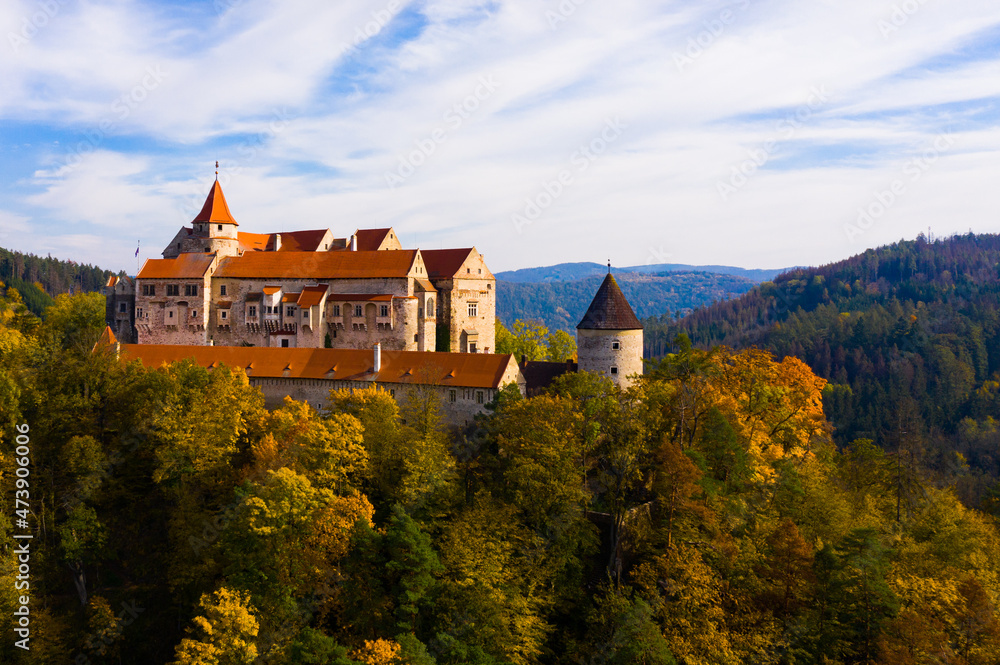 Obraz premium Above view of medieval castle Pernstein. South Moravian region. Czech Republic