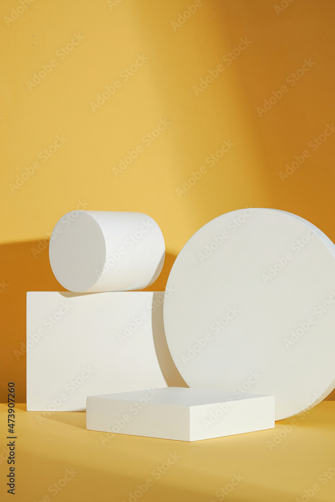 Yellow background with circle , square white podium and blank space for advertising , abstract content , front view Yellow background with circle , square white podium and blank space for advertising , abstract content , front view