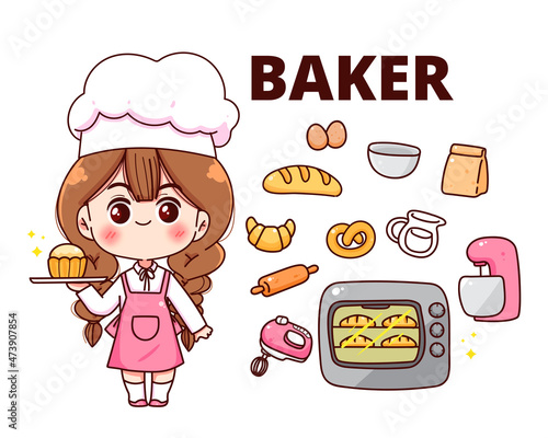 Baker equipment bakery element collection food cooking concept cartoon hand drawn cartoon art illustration