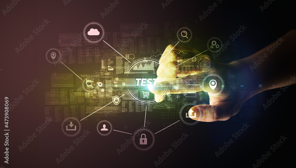 Obraz premium Hand touching cybersecurity button concept