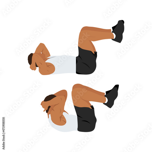 Man doing double crunches.Abdominals exercise. Flat vector illustration isolated on white background.Editable file with layers