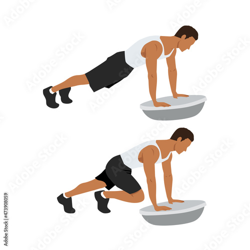 Man doing bosu ball mountain climber. Abdominals exercise. Flat vector illustration isolated on white background.Editable file with layers