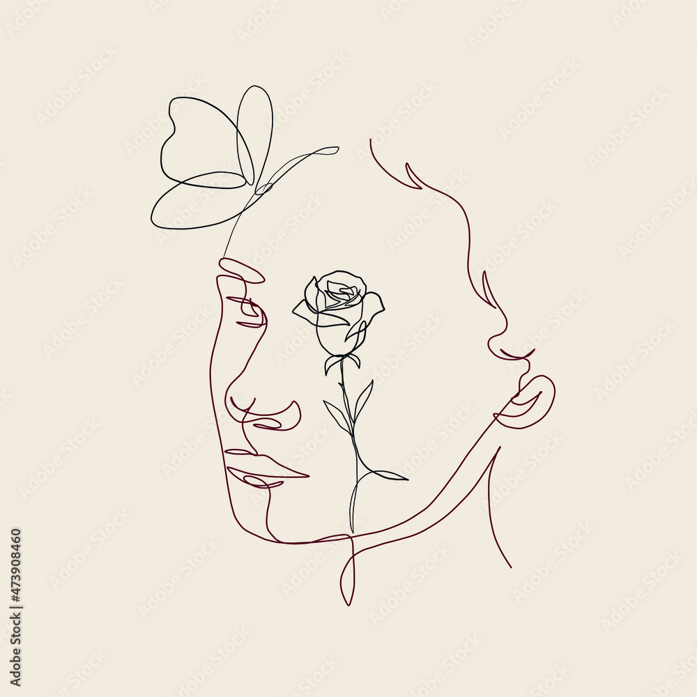 One continuous line portrait of woman with flower. Hand drawn linear face. Abstract minimalism style. Beauty and fashion. Vector decoration design for card, t-shirt, tattoo, poster. One continuous line portrait of woman with flower. Hand drawn linear face. Abstract minimalism style. Beauty and fashion. Vector decoration design for card, t-shirt, tattoo, poster.