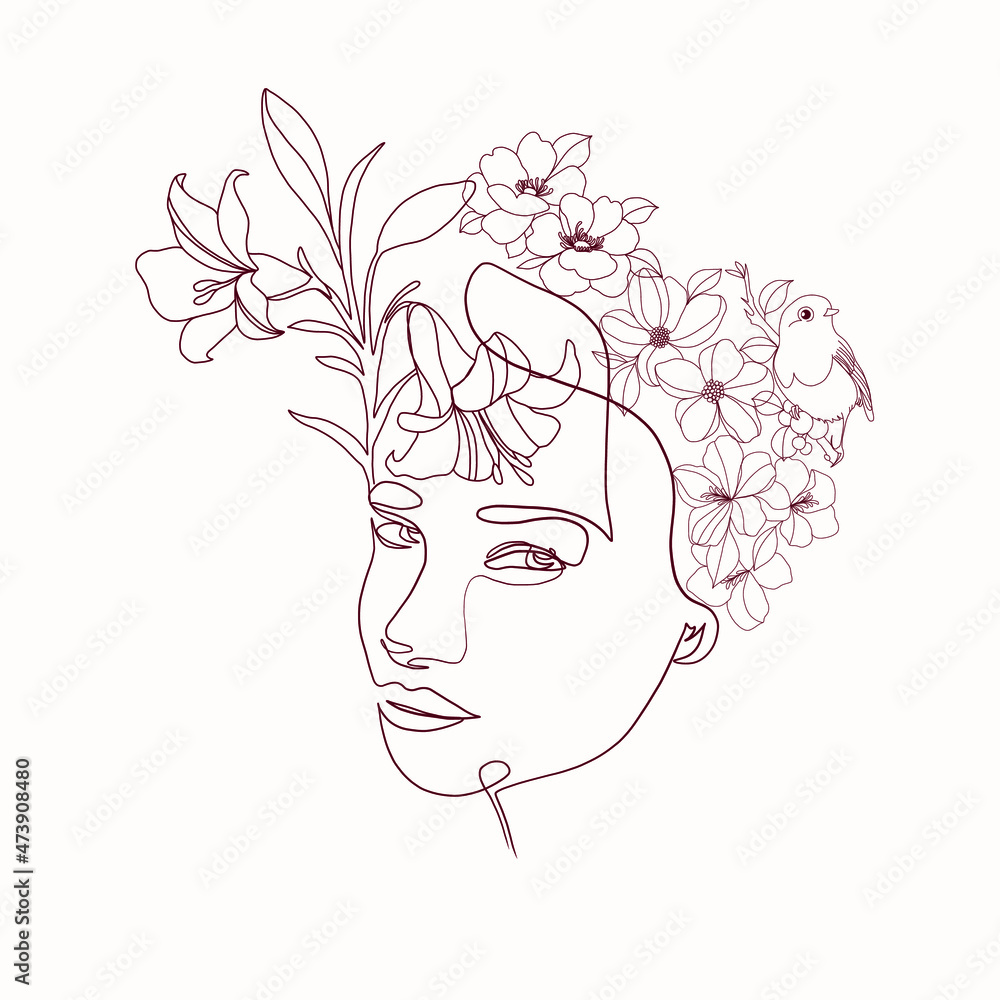 One continuous line portrait of woman with flower. Hand drawn linear face. Abstract minimalism style. Beauty and fashion. Vector decoration design for card, t-shirt, tattoo, poster. One continuous line portrait of woman with flower. Hand drawn linear face. Abstract minimalism style. Beauty and fashion. Vector decoration design for card, t-shirt, tattoo, poster.