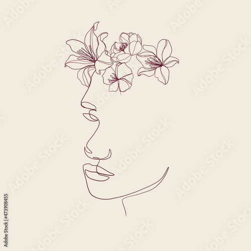 One continuous line portrait of woman with flower. Hand drawn linear face. Abstract minimalism style. Beauty and fashion. Vector decoration design for card  t-shirt  tattoo  poster. 