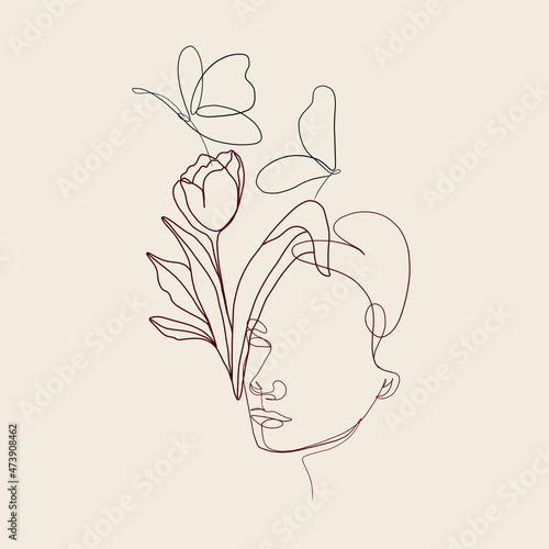 One Continuous Line Woman Portrait With Flower And Butterfly. Minimalism Trendy Style. Hand Drawn Vector Illustration. 