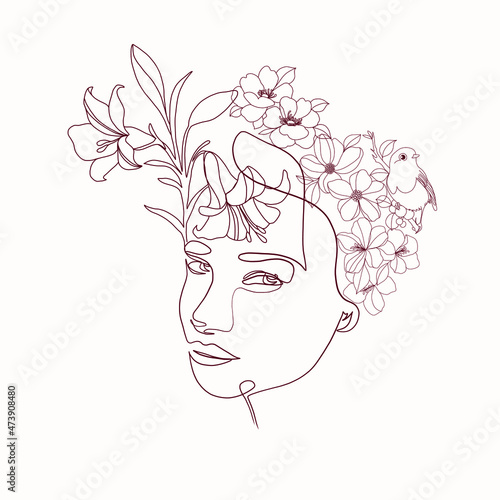 One continuous line portrait of woman with flower. Hand drawn linear face. Abstract minimalism style. Beauty and fashion. Vector decoration design for card, t-shirt, tattoo, poster. 