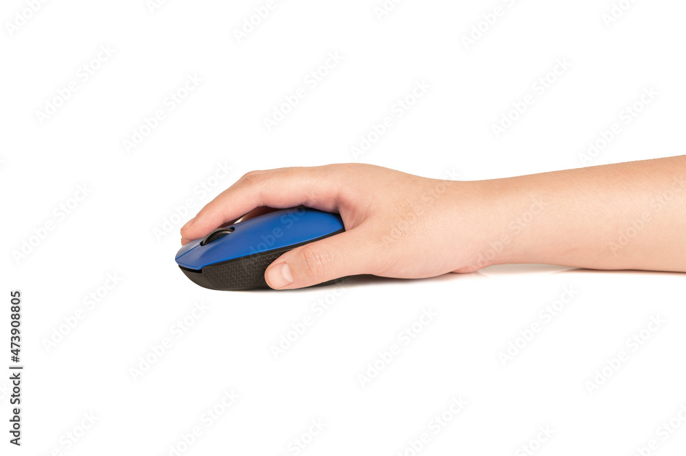 Female hand with computer mouse on white background. Female hand with computer mouse on white background.