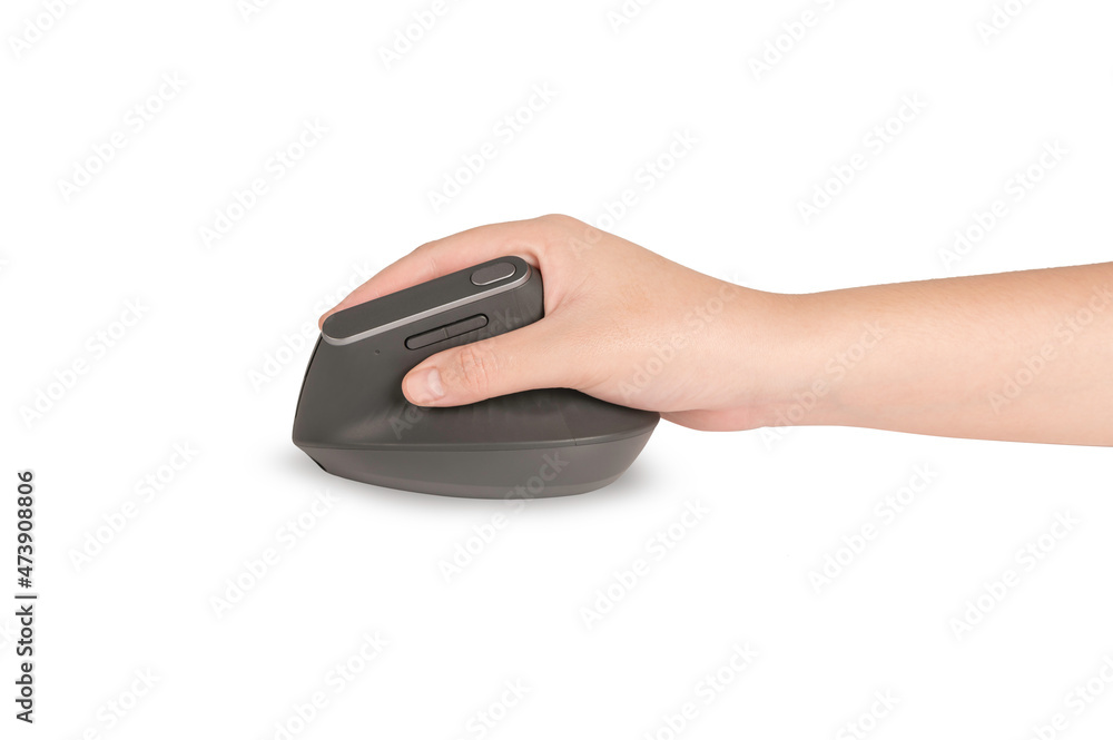 Female hand holding a mouse on white background. Female hand holding a mouse on white background.