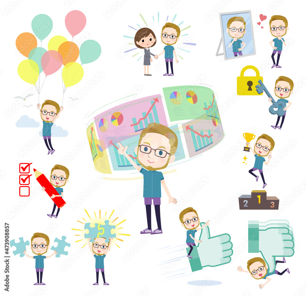 成功やポジティブに関するスポーツウエアを着た白人男性のセット