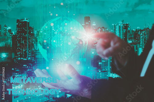 Businessman explore metaverse technology with blockchain network connecting, metaverse virtual world for business future. Visualization, Virtual augmented reality on social network,Digital, internet 