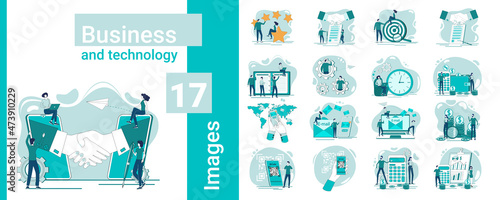 Business and technology.A set of illustrations in business style.A collection of images on the topic of business relations and technology.Flat vector illustration.