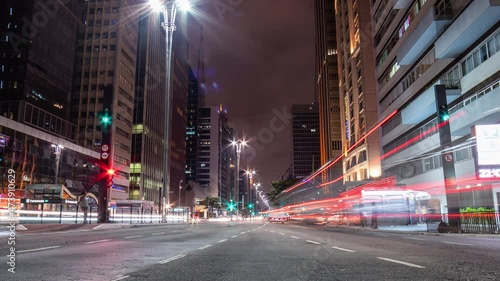 motion timelapse da avenida paulista durante a noite em São Paulo. 
muita luz e carros passando, visão do chão photo