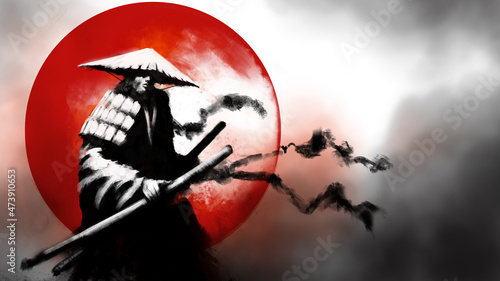 A wanderer warrior with katanas and a bamboo hat, behind him is the red sun. 2D illustration