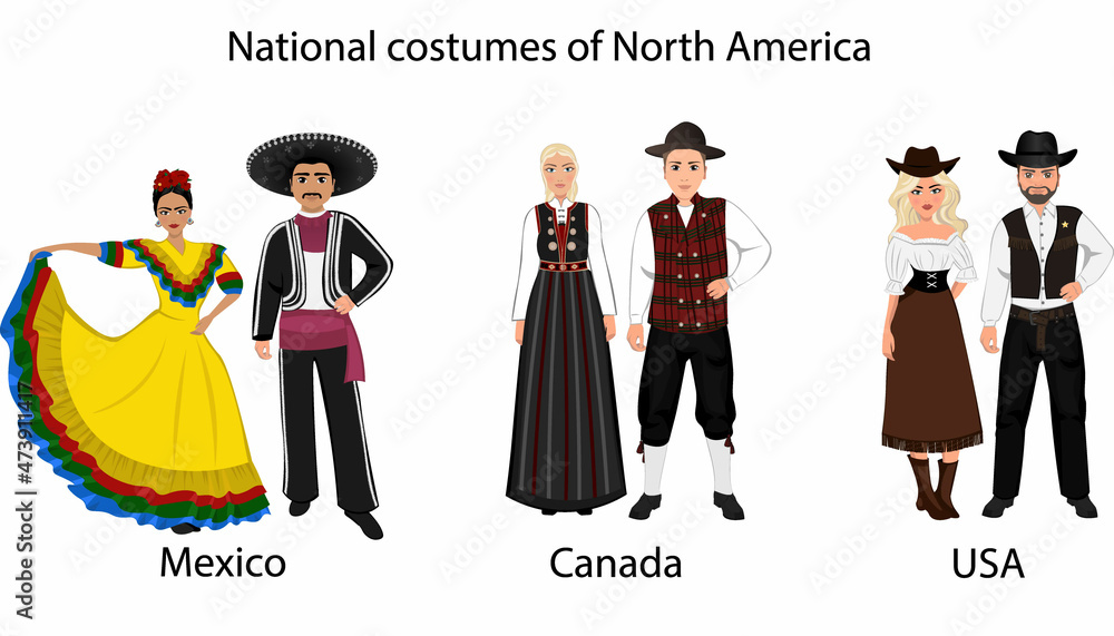 Fototapeta premium National costumes of the people of North America. A woman and a man in folk national costumes of USA, Mexico and Canada. Vector illustration