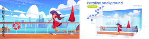Beautiful girl on cruise ship deck on background of water and city buildings on horizon. Vector parallax background for 2d animation with cartoon landscape of sea or lake and woman on wooden deck