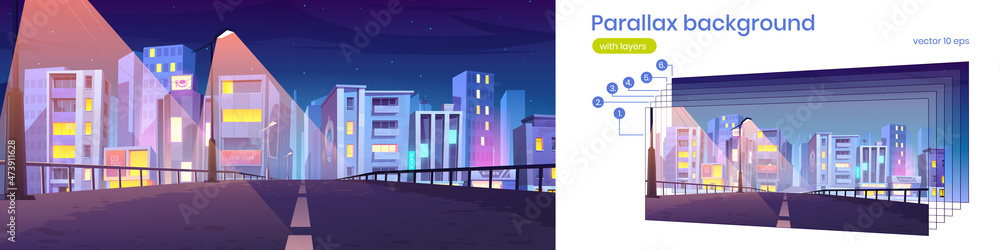 Parallax background night city bridge view with glowing street lamps and skyscrapers. Urban architecture, infrastructure, buildings, separated layers for 2d game animation, Cartoon vector illustration
