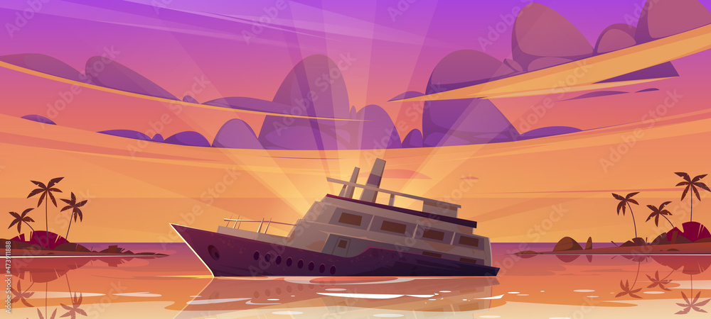 Sunken cruise ship in sea harbor at sunset. Vector cartoon illustration of tropical summer landscape with palm trees on beach and old passenger liner sinking in ocean after shipwreck