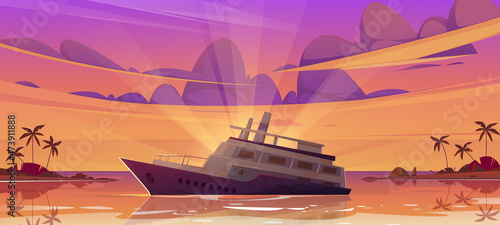 Sunken cruise ship in sea harbor at sunset. Vector cartoon illustration of tropical summer landscape with palm trees on beach and old passenger liner sinking in ocean after shipwreck