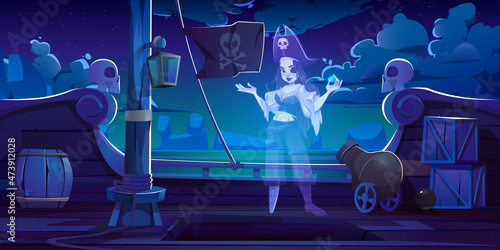 Pirate girl ghost on filibuster ship, young dead woman spook in buccaneer costume and leg prosthesis hold gem stone stand at boat deck with jolly roger flag and cannons, Cartoon vector illustration