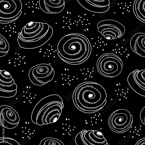 Swedish sweet kannelbulle black and white seamless pattern. Suitable for printing on packaging, paper, for menu decoration. Vector outline background