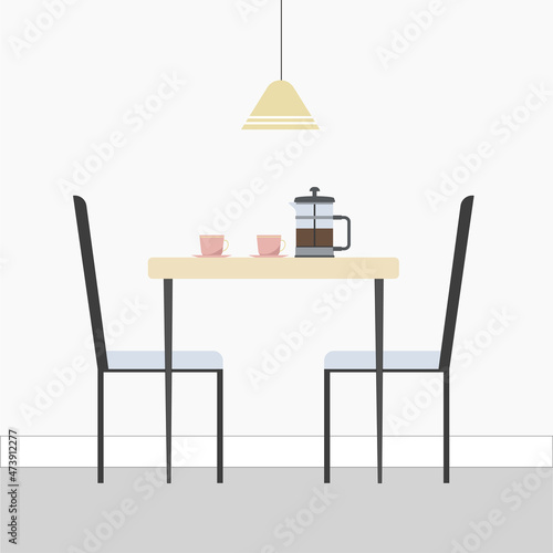 Interior of the coffee room. Cafe decor. Coffee table with cups, french press  and with two chairs near. Vector illustration.