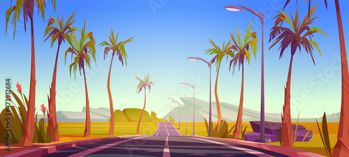 Tropical landscape with car road, palm trees, street lights and mountains on horizon. Vector cartoon illustration of summertime scene with highway, rocks, tropic trees and flowers