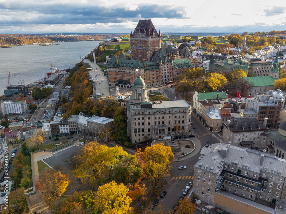 Fototapeta premium Aerial view of beautiful Quebec City Old Town in the fall season sunset time.