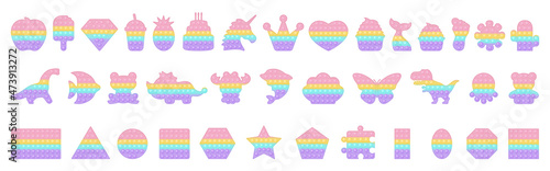 Big set of popit birthday, dinosaur and various forms pop it a trendy pastel fidget toys. Addictive anti stress toy in pastel rainbow colors. Bubble sensory fashionable toy. Vector illustration.