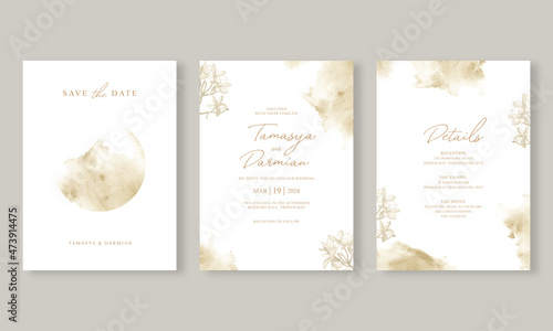 Elegant wedding card invitation set template with hand drawn watercolor painting