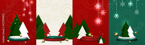 Christmas 3d background set. Pedestal for product display. Stage podium decorated with trees, and element Christmas day. Christmas and New year scene. Vector illustration.