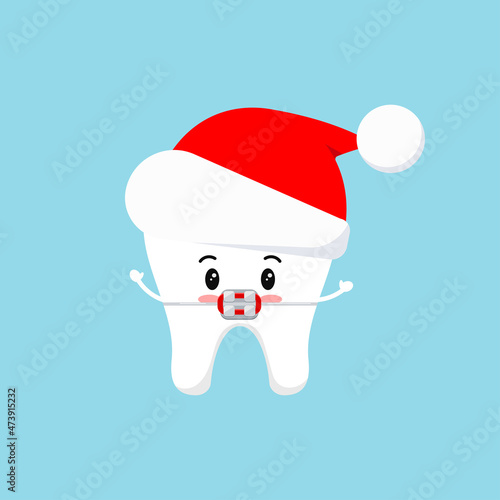 Chistmas tooth in braces or brackets in red Santa Claus hat isolated on background. Dental holiday sign - white cute tooth with winter holiday hat. Flat design cartoon vector stomatology illustration.