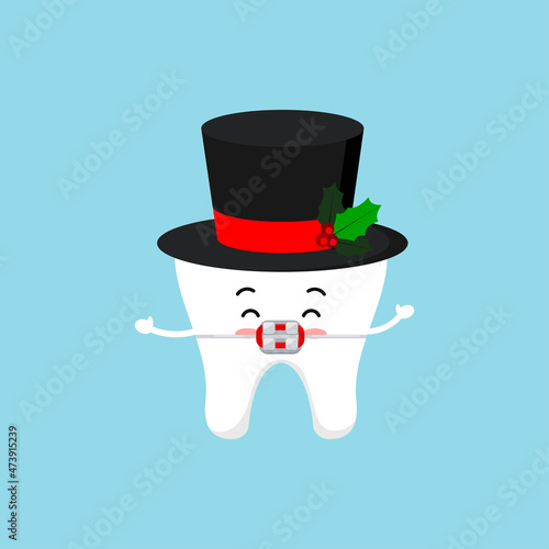 Chistmas tooth in braces or brackets in snowman cylinder hat isolated on background. Dental holiday sign - cute tooth with winter holiday black hat. Flat design cartoon vector stomatology illustration