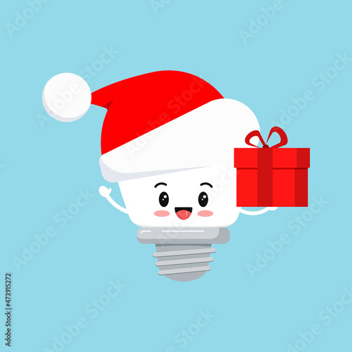 Christmas dental implant tooth in Santa Claus hat with present isolated on background. Xmas holiday character - cute tooth implant. Flat design cartoon vector stomatology orthodontist illustration.