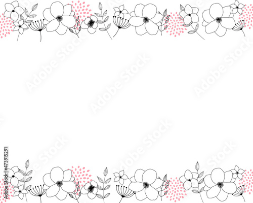 モノクロの線画の花のフレームイラスト背景（横）