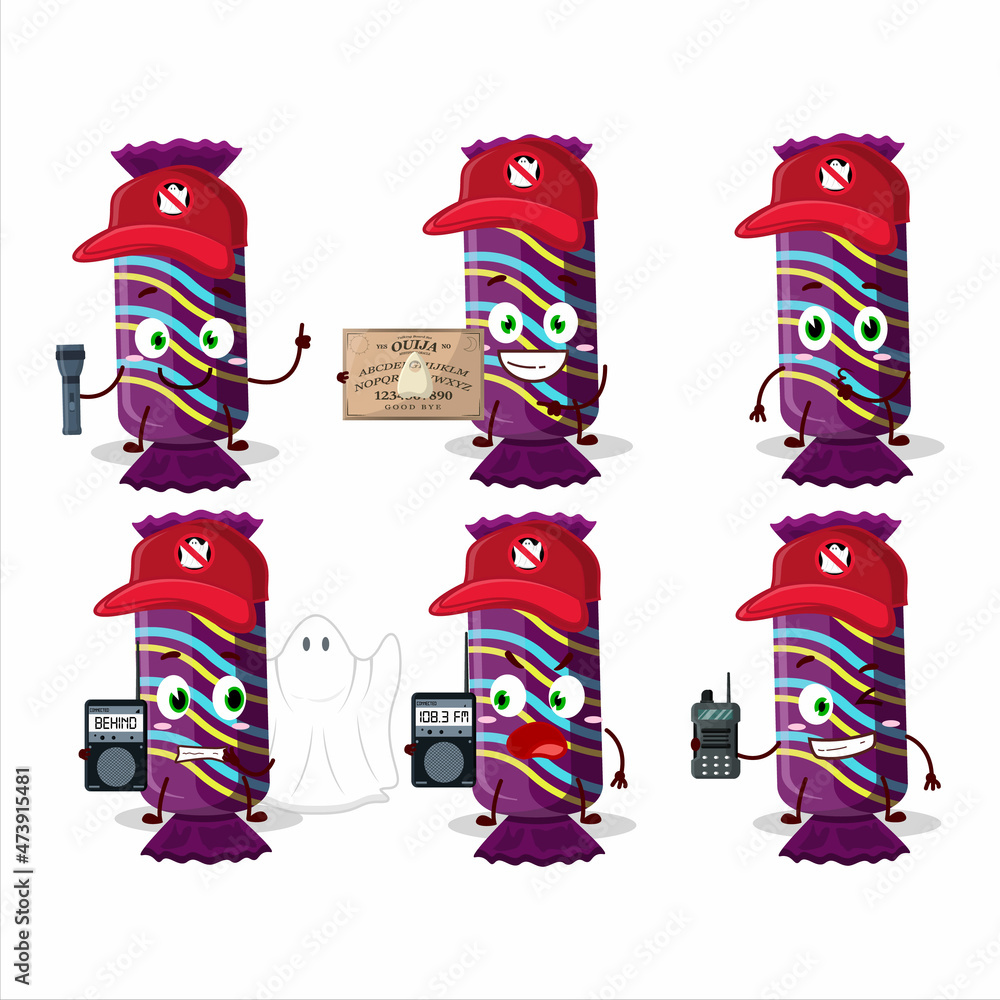 Ghost hunter cartoon purple long candy package character using camera
