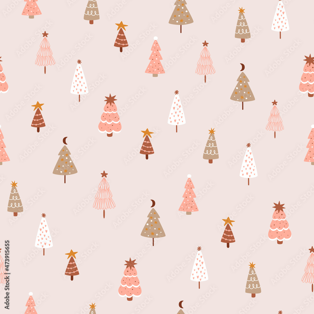 Pink christmas tree seamless pattern. Cute hand drawn fir tee on pink background. Pink winter forest seamless pattern. Nordic Christmas tree fabric design. Simple pink Christmas illustration. Pink christmas tree seamless pattern. Cute hand drawn fir tee on pink background. Pink winter forest seamless pattern. Nordic Christmas tree fabric design. Simple pink Christmas illustration.