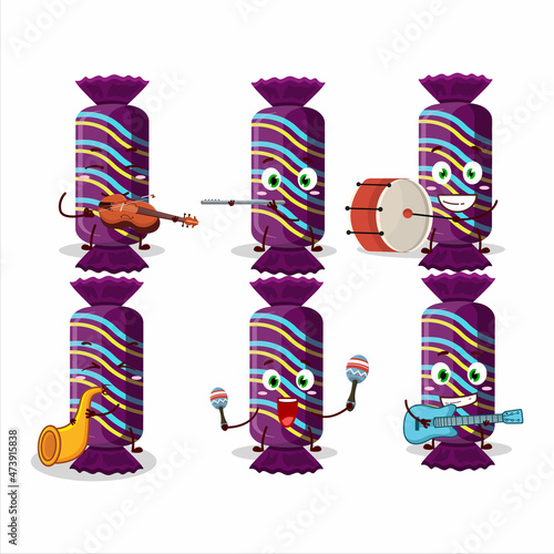 Cartoon character of purple long candy package playing some musical instruments