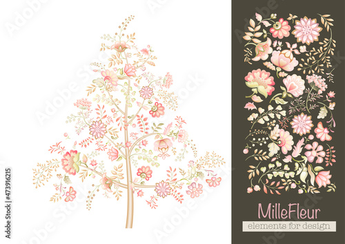 A lot of different fantasy flowers. Millefleurs trendy floral design. Blooming midsummer meadow Clip art, set of elements for design Vector illustration. Gradients colors