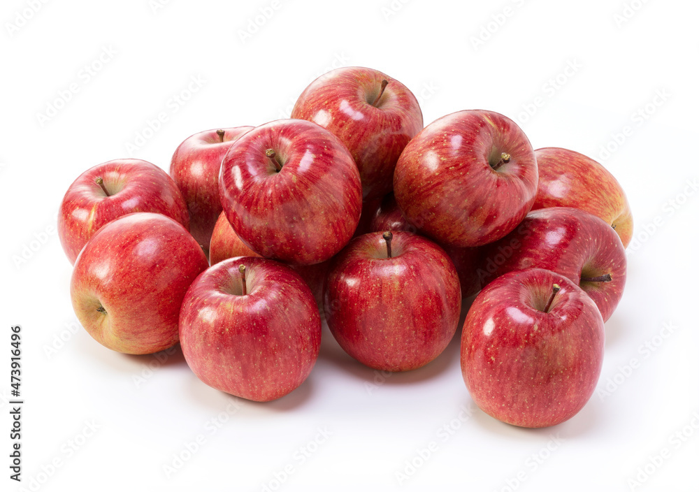 A lot of apples placed on a white background.