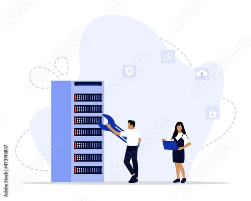 Vector Illustration, Server Security Concept, Showing the server is being maintained by a network administrator, Suitable for landing page, UI, web, App intro card, editorial, flyer, and banner