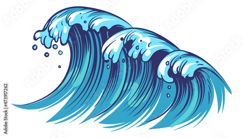 Stormy sea. Moving water waves in hand drawn style