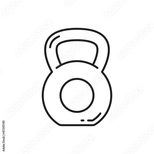 Gym equipment and body fitness outline icon with kettlebell. Sport workout, healthy lifestyle and body gym training thin line vector sign or pictogram