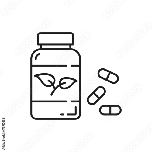 Jar with vitamins or nutrition supplements outline icon. Healthy and sport nutrition, dieting thin line vector pictogram. Healthy lifestyle minimalistic icon with medicine drugs dragee container